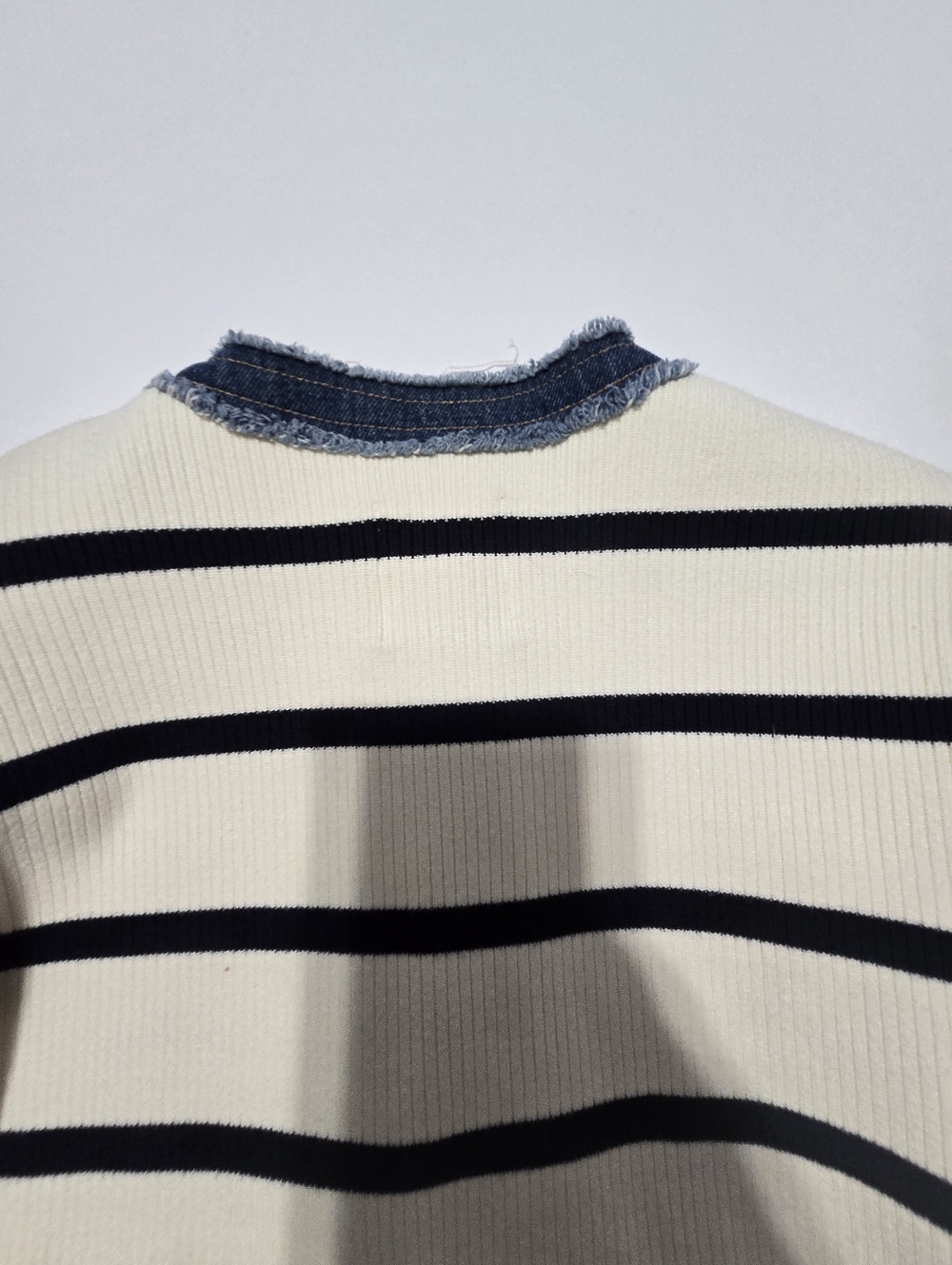 Sandro Stripey Cardigan With Denim Details Knit Crew Neck Long Sleeves Size S - Picture 11 of 13